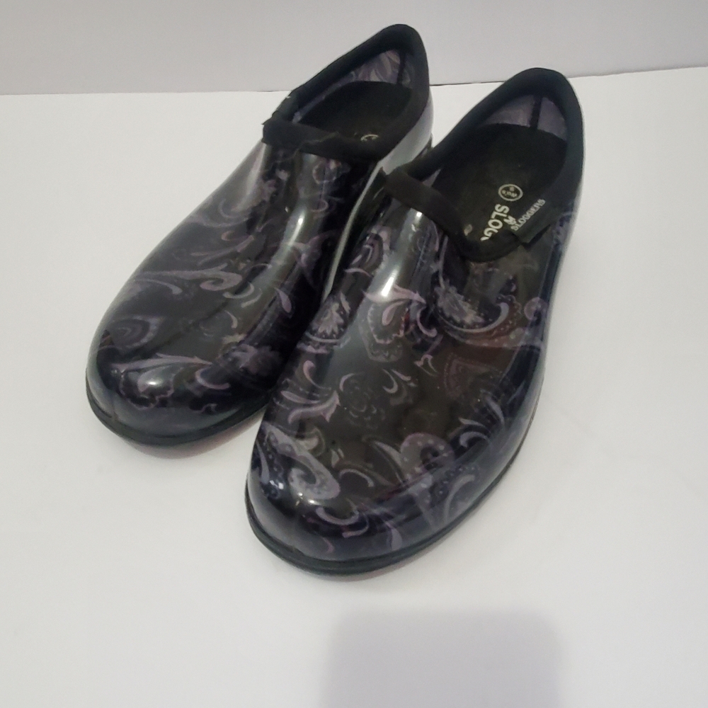 Sloggers . Sz 9 women.  Garden rain slip ons. Black  grey.